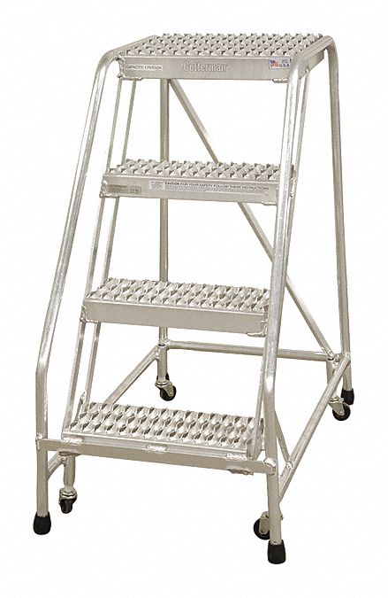Rolling Ladder: 3.3 ft Platform Ht, Assembled, Aluminum, Wt-Actuated, Ribbed, No Handrails