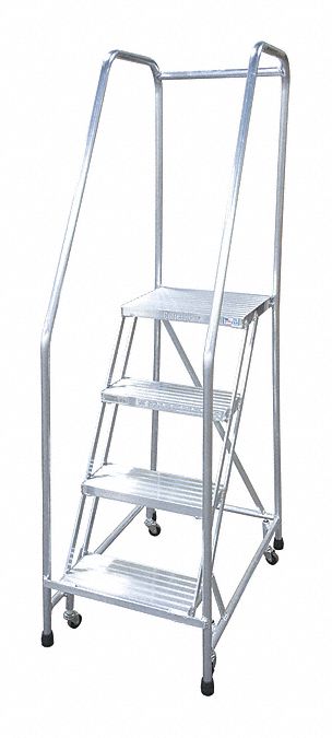 Rolling Ladder: 3.3 ft Platform Ht, Assembled, Aluminum, Wt-Actuated, Ribbed