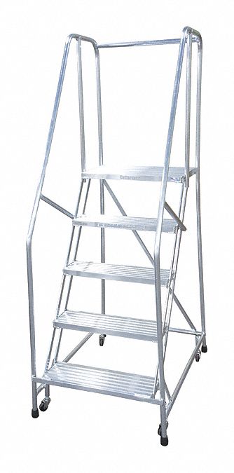 Rolling Ladder: 4.2 ft Platform Ht, Assembled, Aluminum, Wt-Actuated, Ribbed