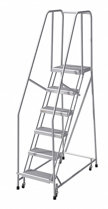 Rolling Ladder: 5 ft Platform Ht, Assembled, Aluminum, Wt-Actuated, Ribbed, 24 in x 50 in