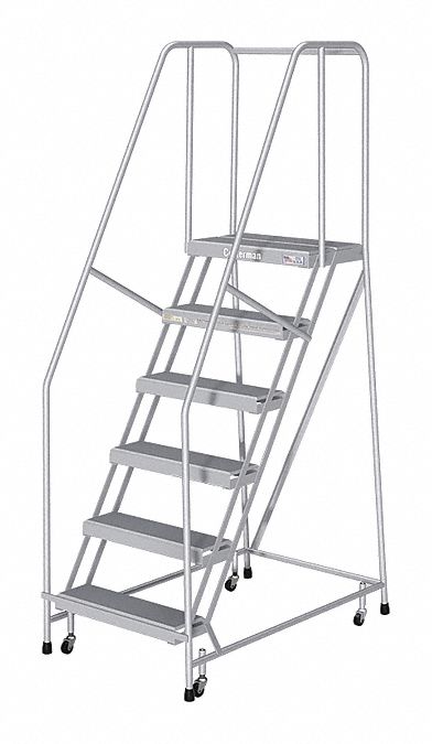 Rolling Ladder: 5 ft Platform Ht, Assembled, Aluminum, Wt-Actuated, Ribbed, 30 in x 50 in
