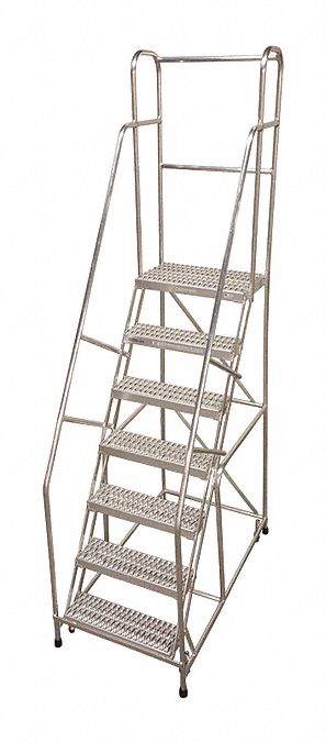 Rolling Ladder: 5.8 ft Platform Ht, Assembled, Aluminum, Wt-Actuated, Ribbed