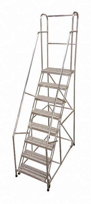 Rolling Ladder: 6.7 ft Platform Ht, Assembled, Aluminum, Wt-Actuated, Ribbed