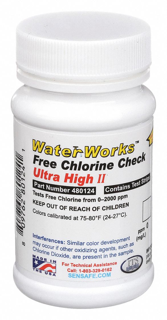 Test Strips: 0 to 2, 000 ppm Chlorine, Chlorine, 50 Tests
