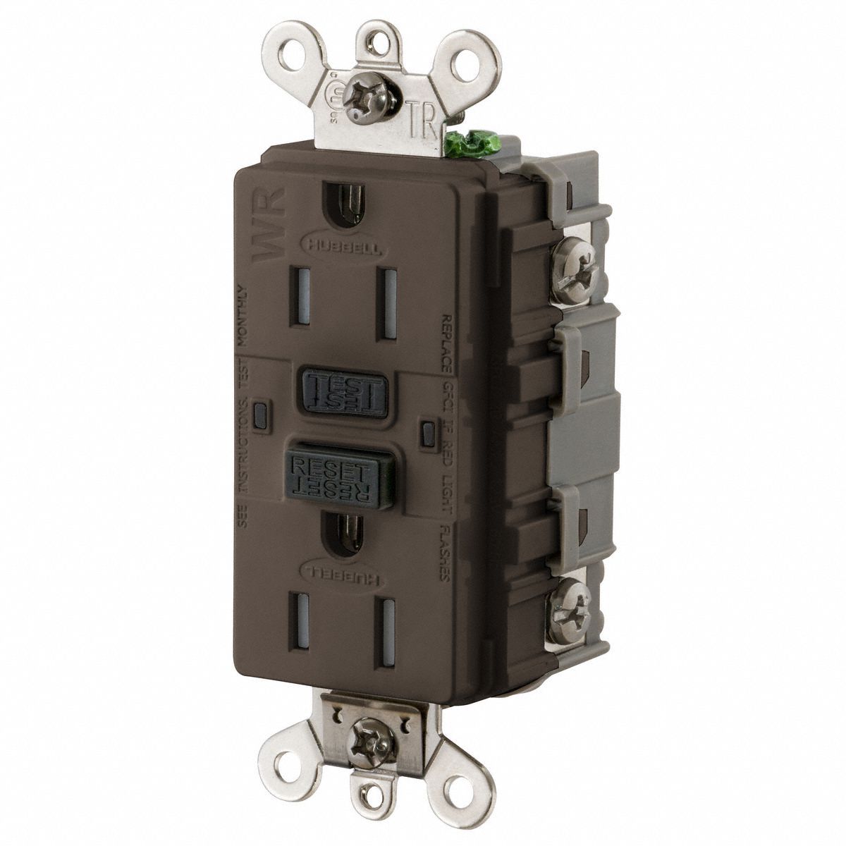 GFCI Receptacle: Duplex, 5-15R, 125V AC, 15 A, Brown, 2 Pole / 3 Wire, Screw Terminals