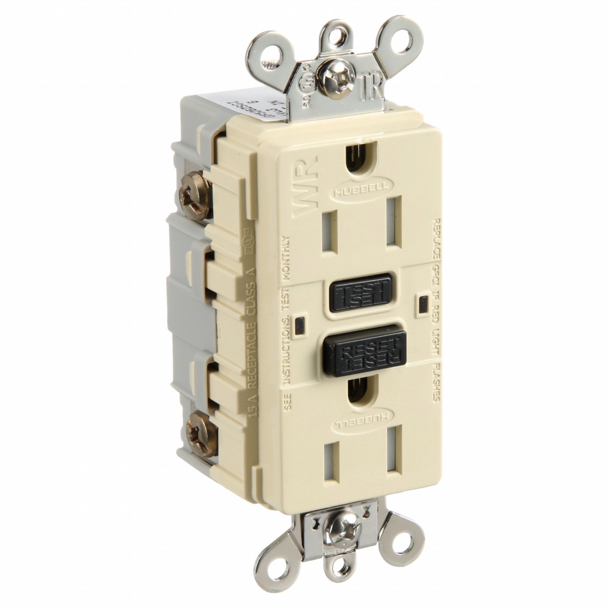 GFCI RECEPTACLE, DUPLEX, 5-15R, 125V AC, 15 A, IVORY, 2 POLE/3 WIRE, SCREW TERMINALS