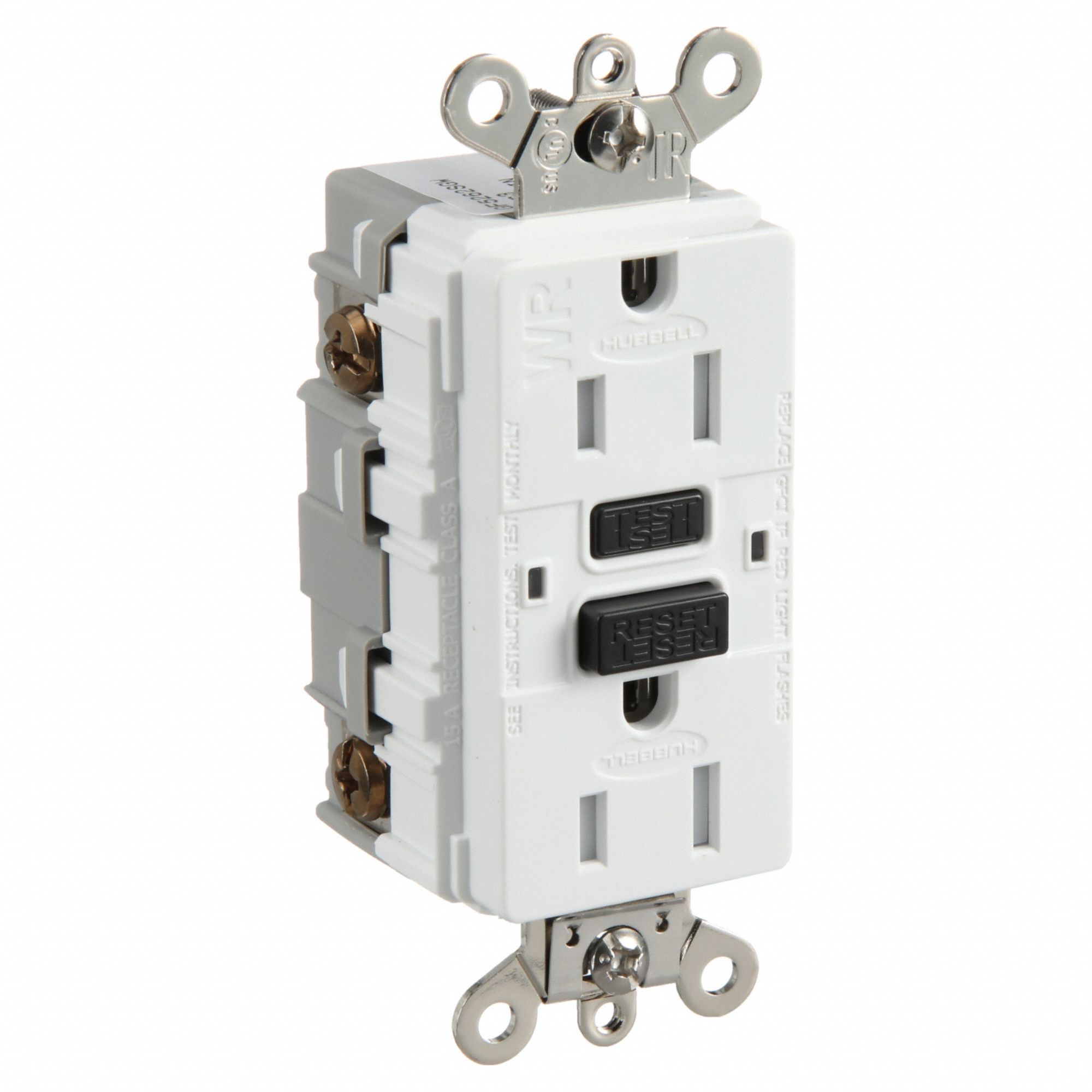 GFCI RECEPTACLE, DUPLEX, 5-15R, 125V AC, 15 A, WHITE, 2 POLE/3 WIRE, SCREW TERMINALS