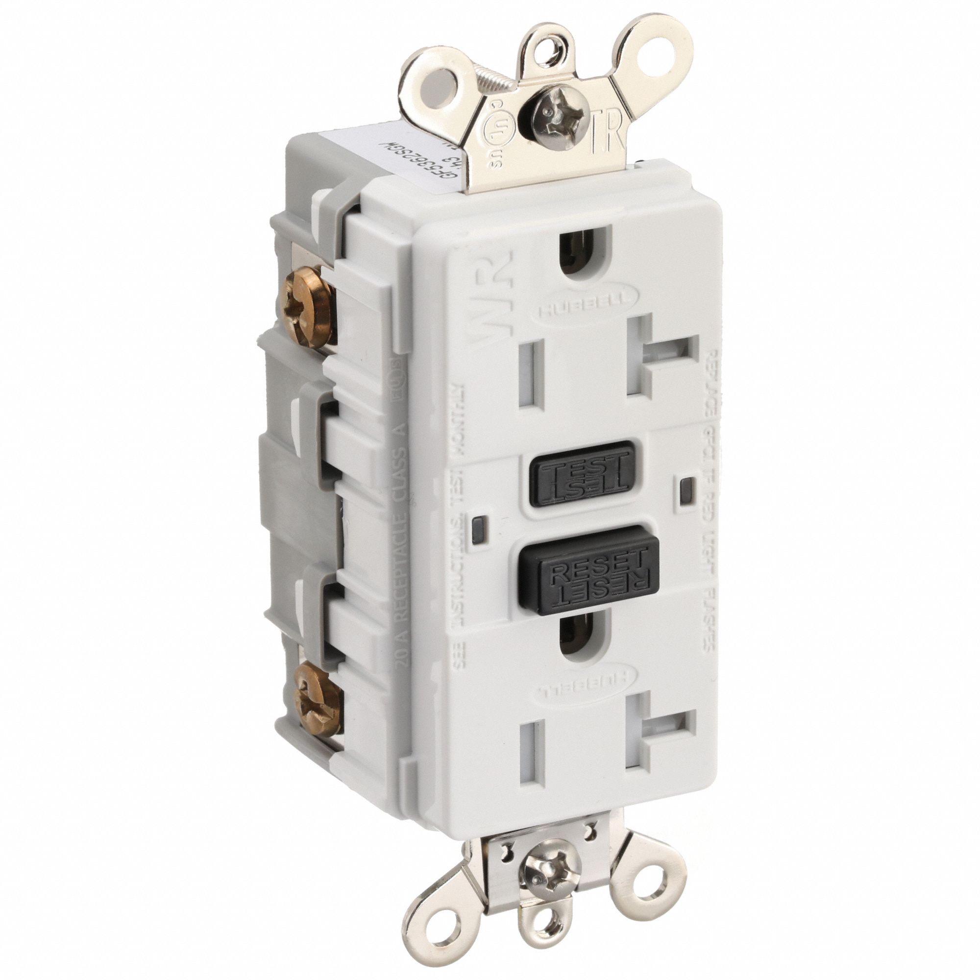 GFCI Receptacle: Duplex, 5-20R, 125V AC, 20 A, 2 Poles, White, Screw  Terminals, GFCI Protection