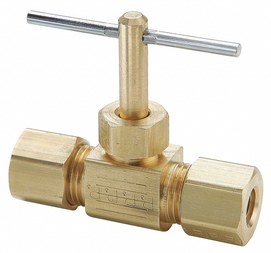 NEEDLE VALVE, INLINE VALVE BODY, BRASS, SCREW-IN BONNET, ⅜ IN PIPE, FOR WATER