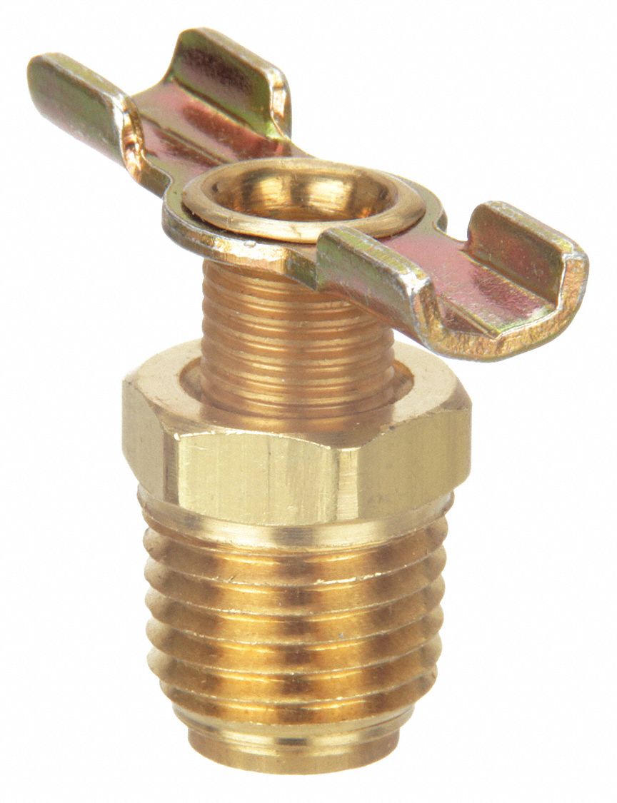DRAIN COCK: ¼ IN PIPE SIZE, BRASS, ¼ IN MNPT, INLINE BODY, 150 PSI MAX. PRESSURE, WING