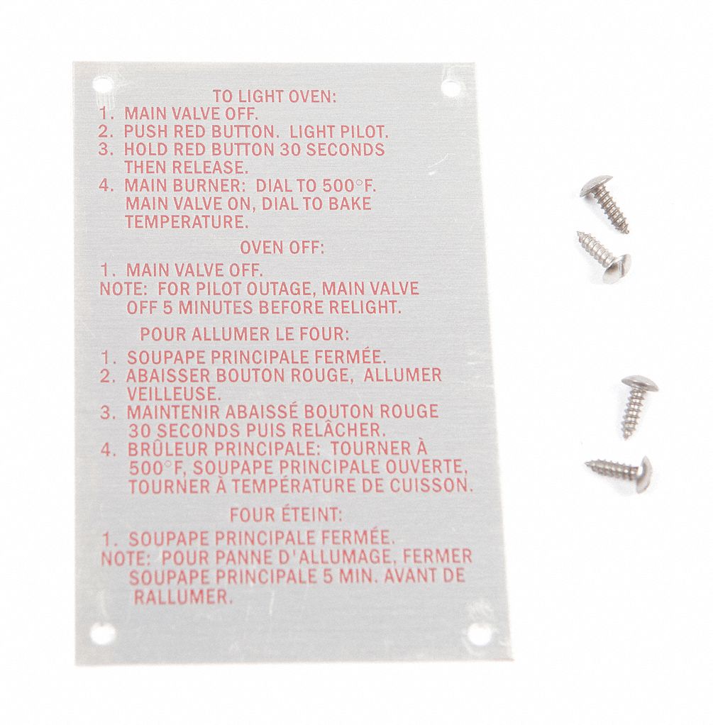 Lighting Instruction Plate with Screws: Fits Blodgett Brand