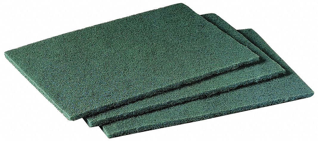 Scouring Pad: Synthetic Fiber, 9 in Lg, 6 in Wd, 1/4 in Ht, Green, 10 PK