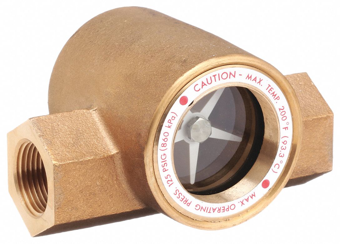 WINDOW SIGHT FLOW INDICATOR WITH IMPELLER: ROTOR, BRONZE, 1¼ IN FNPT, FNPT, TEMPERED GLASS
