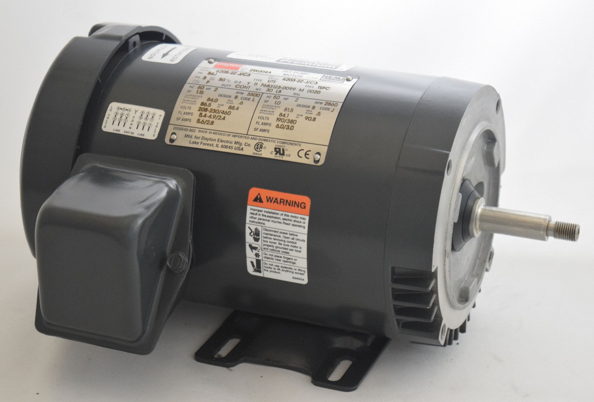 DAYTON Jet Pump Motor, 2 HP, 3Phase, Nameplate RPM 3,500, 56J Frame