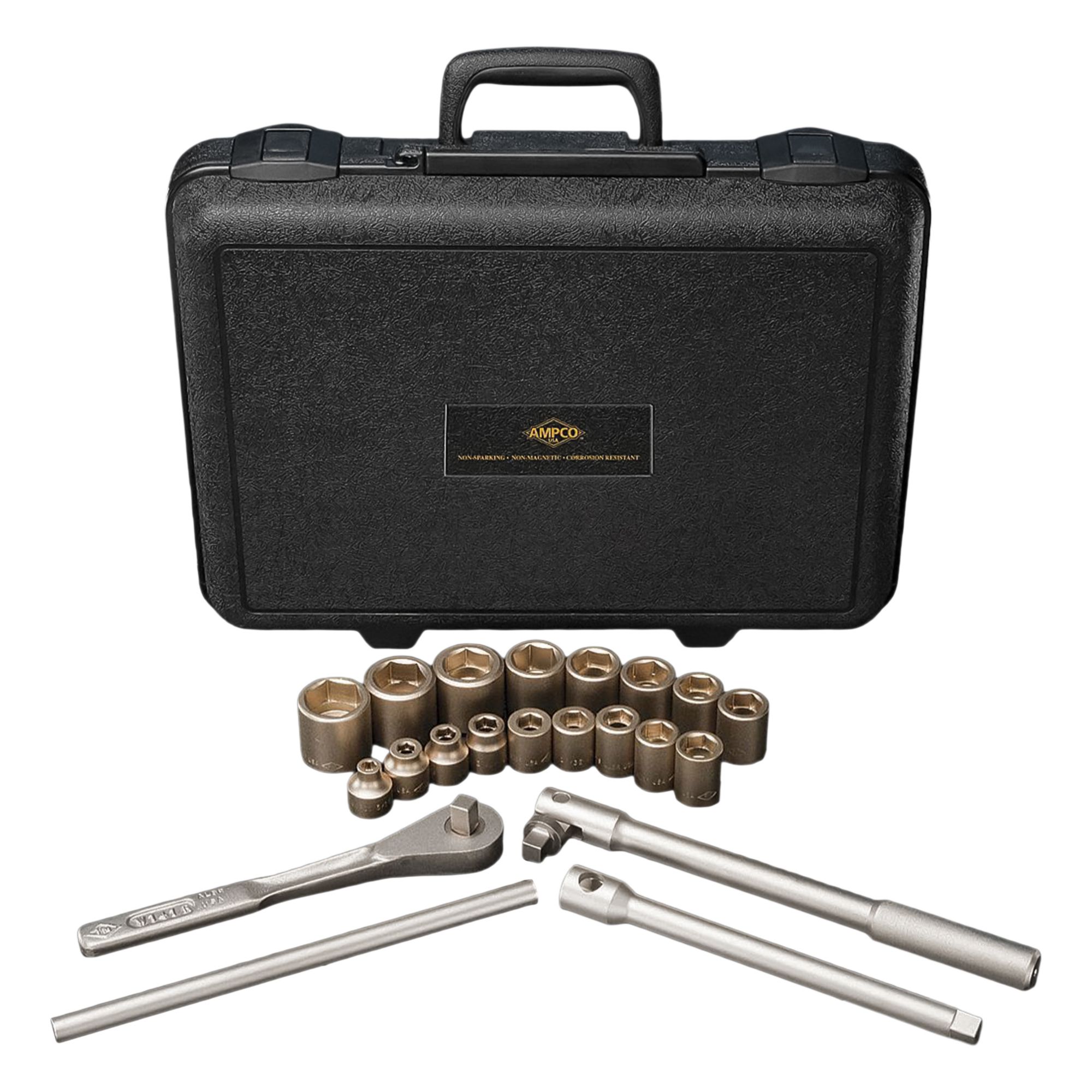 Socket Wrench Set: Non-Magnetic/Non-Sparking, 1/4 in Drive Size, 15 Pieces, (13) 6-Point