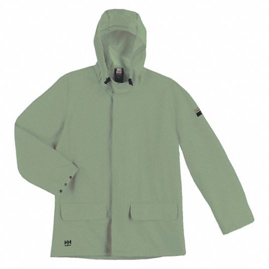 HELLY HANSEN Green, Rain Jacket, 6XL, Polyester, PVC, Men's, Hood Style