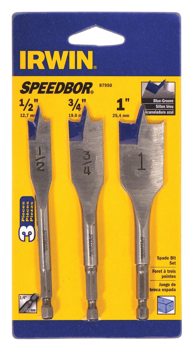 SPADE DRILL BIT SET, 4 IN LENGTH, BRIGHT/UNCOATED, ¼ IN SHANK HEX, 3 DRILL BITS