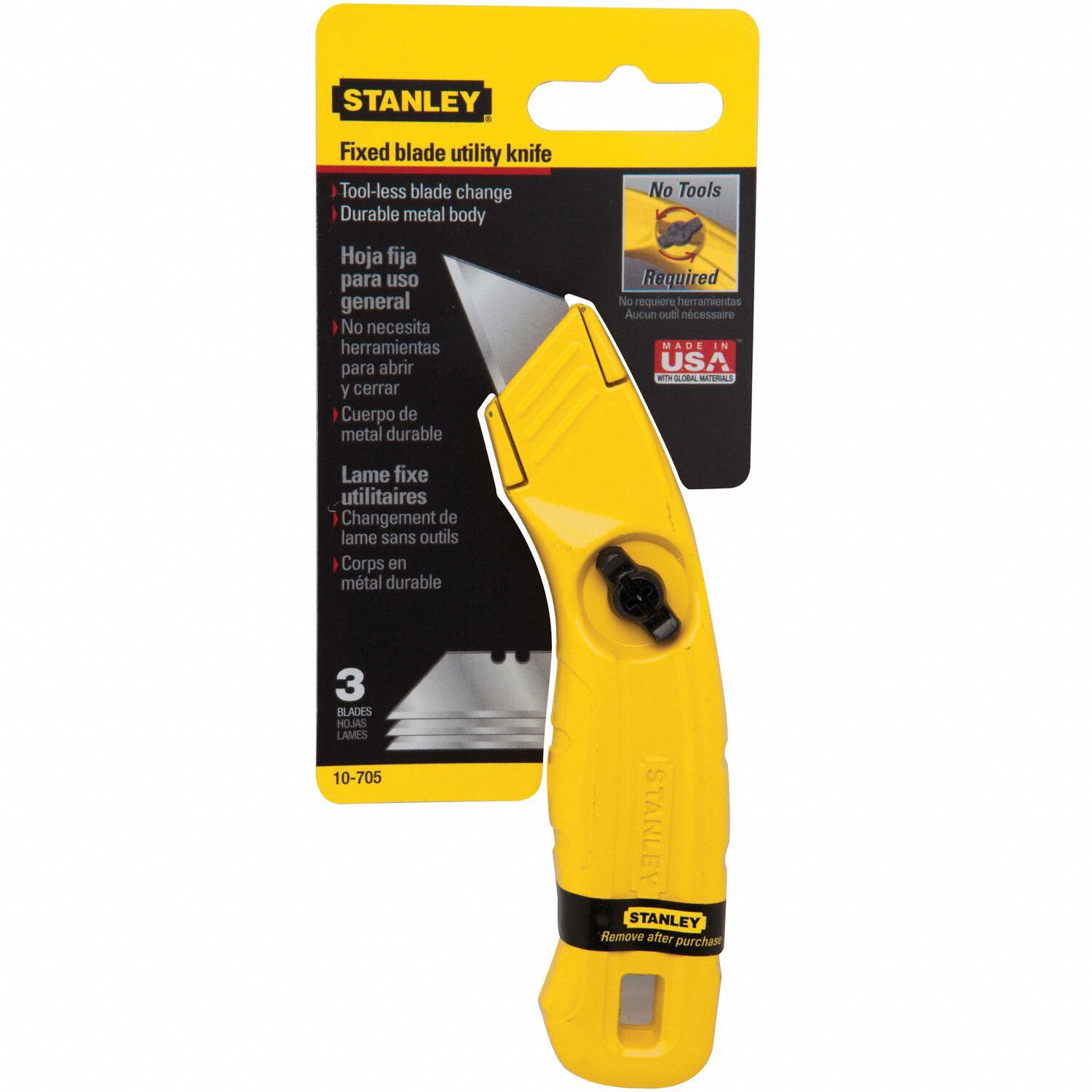STANLEY Yellow,Carbon Steel Utility Knife,7 1/4 in Overall Length,Number of Blades Included 3