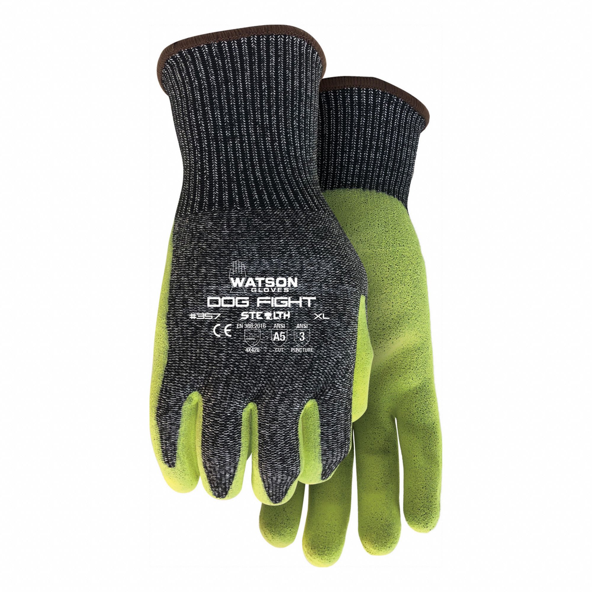 STEALTH DOG FIGHT GLOVES, GRY/YLW, XS/6, NYLON, ANSI/ISEA ABRASION 4/CUT A5/PUNCTURE 3