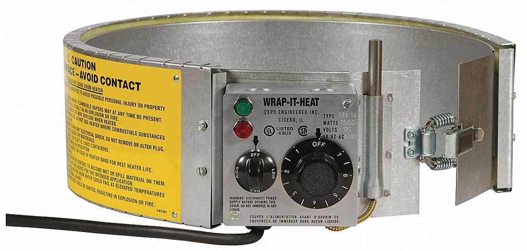 Drum Heater: 115V AC, 1, 500 W Watts, 60°F to 250°F, Drums, For 16 gal Drum Capacity