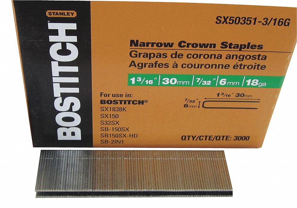 STAPLES, COLLATION TYPE, CHISEL POINT, 18 G, COATED, 1 1/2 X 0.035 X 0.05 IN, POLYMER, STEEL