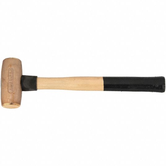 Brass Mallet: Wood Handle, Textured Grip, 5 lb Head Wt, 2 in Dia, 3 1/4 in  Head Lg, 22 in Overall Lg