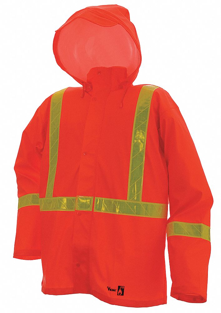 MEN'S FLAME-RESISTANT RAIN JACKET, S, PUR/POLYESTER, ORANGE, FLEECE COLLAR