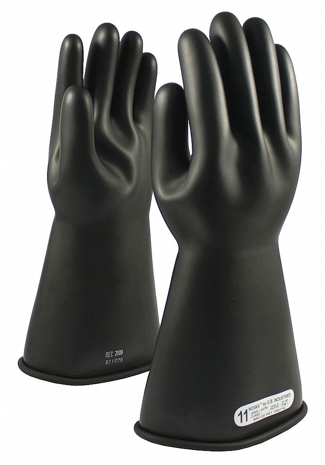 INSULATING GLOVES, CLASS 1, MAX USE 7500 V, SIZE 9, BLACK, 14 IN, RUBBER