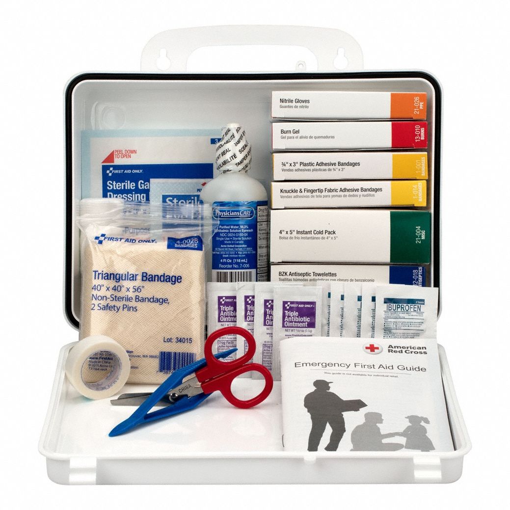 First Aid Kit and Housing: Vehicle, 25 People Served, 85 Components, Plastic