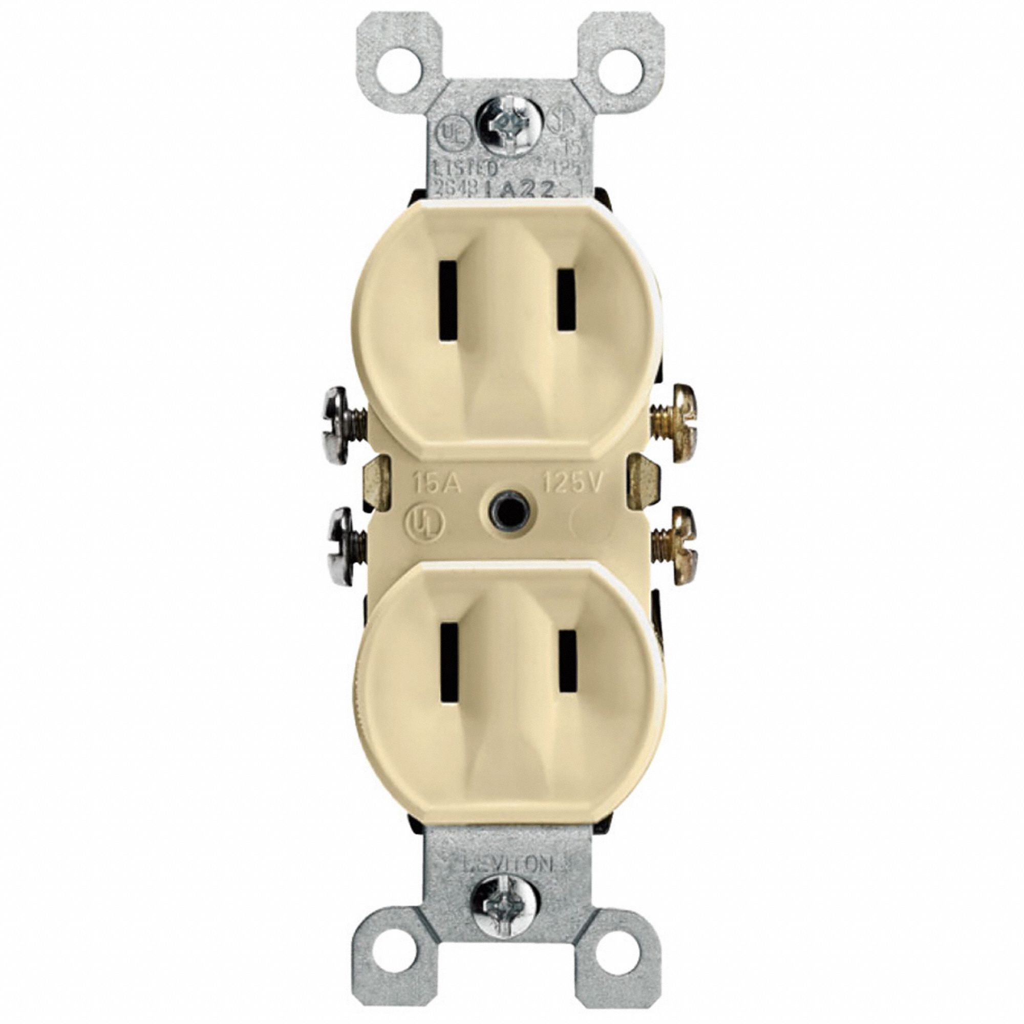 Receptacle: Duplex, Ivory, 1-15R, 15 A, 125V AC, 2 Pole / 2 Wire, Screw Terminals, Gen Use