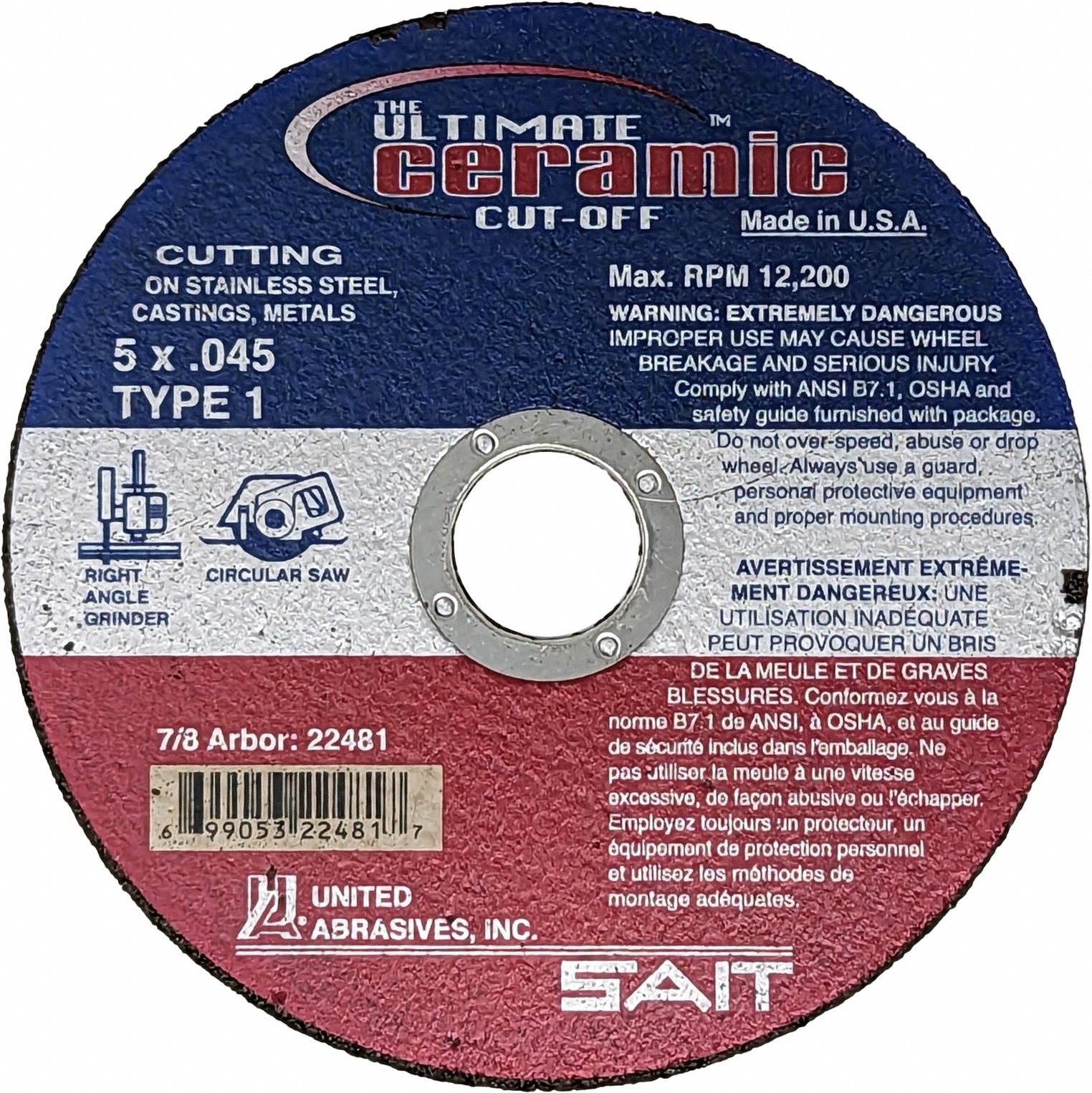 SAIT Abrasive Cut-Off Wheel: Type 1, 5 in x 0.045 in x 7/8 in, Ceramic, 60  Grit