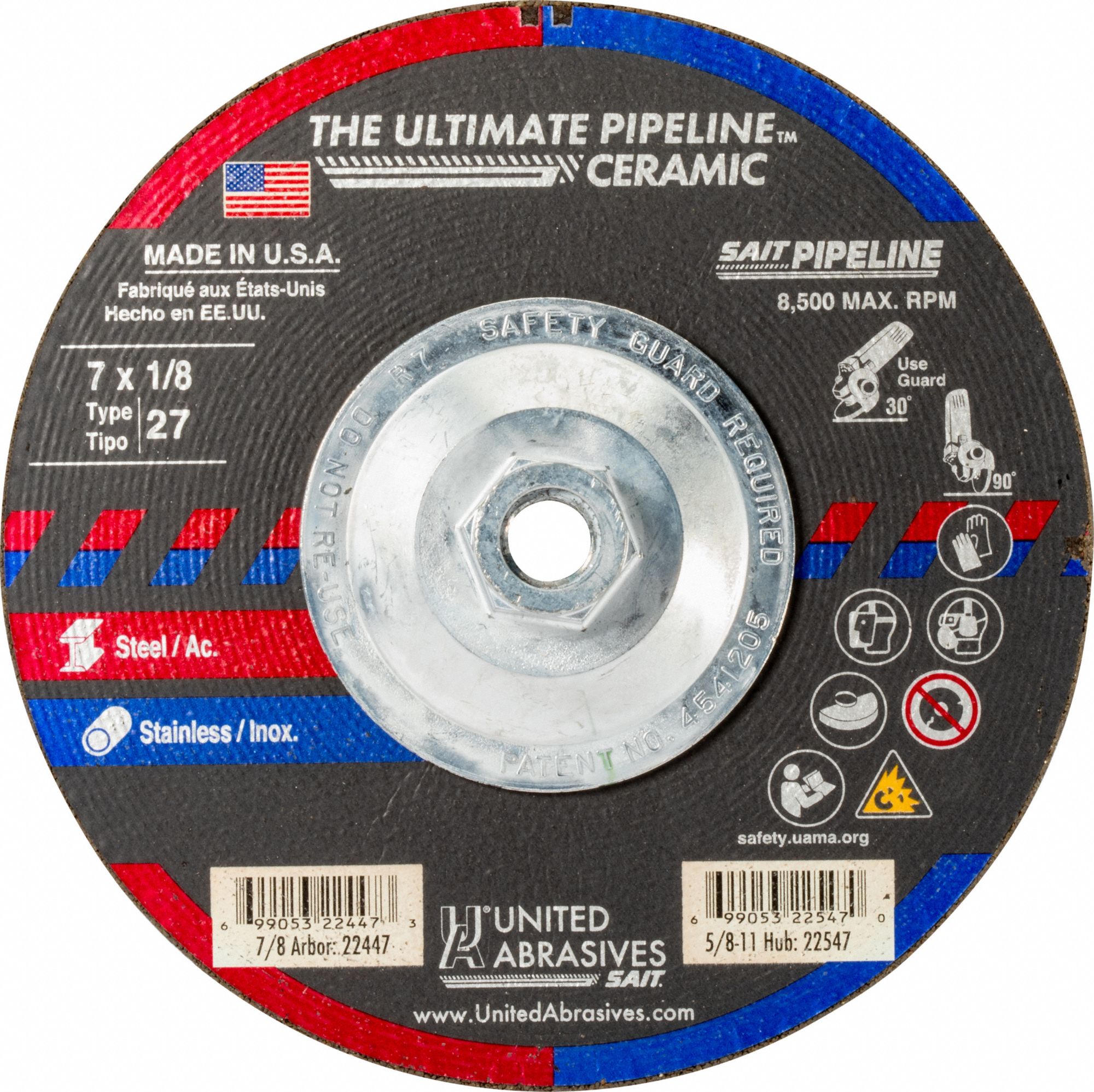 Abrasive Grinding Wheel: Type 27, 7" x 1/8" x 5/8"-11, Ceramic, 24 Grit