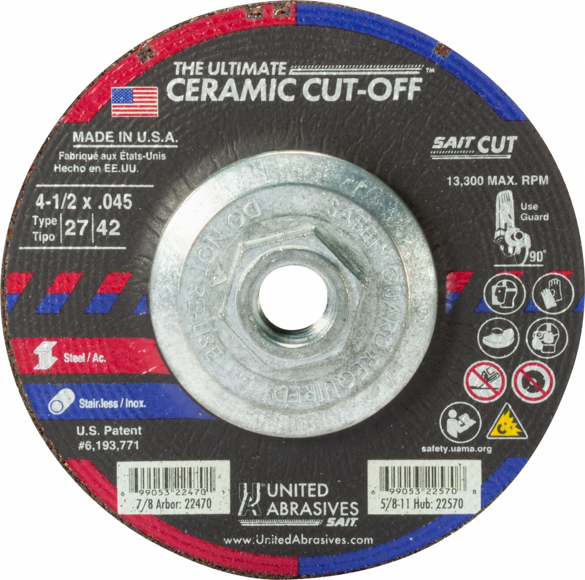 Abrasive Grinding Wheel: Type 27, 4 1/2" x 0.045" x 5/8"-11, Ceramic, 60 Grit