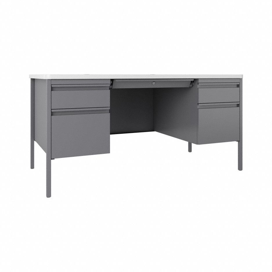 Double Pedestal Desk: Melamine, Silver/White, 1 Pedestals, 3 Drawers, 60 in Overall Wd