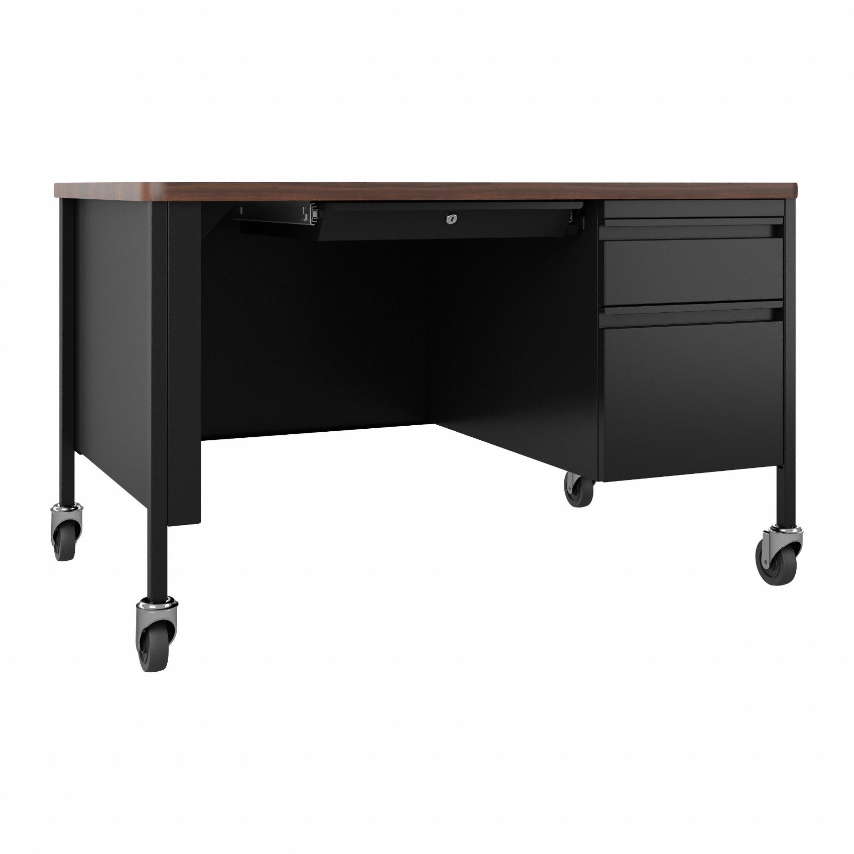 Rectangular Office Desk: Melamine/Particleboard, Walnut, 1 Pedestals, 3 Drawers