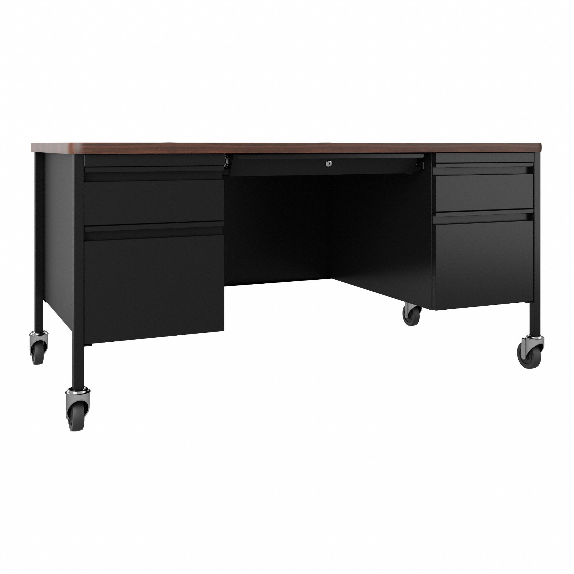 Rectangular Office Desk: Melamine/Particleboard, Walnut, 2 Pedestals, 5 Drawers