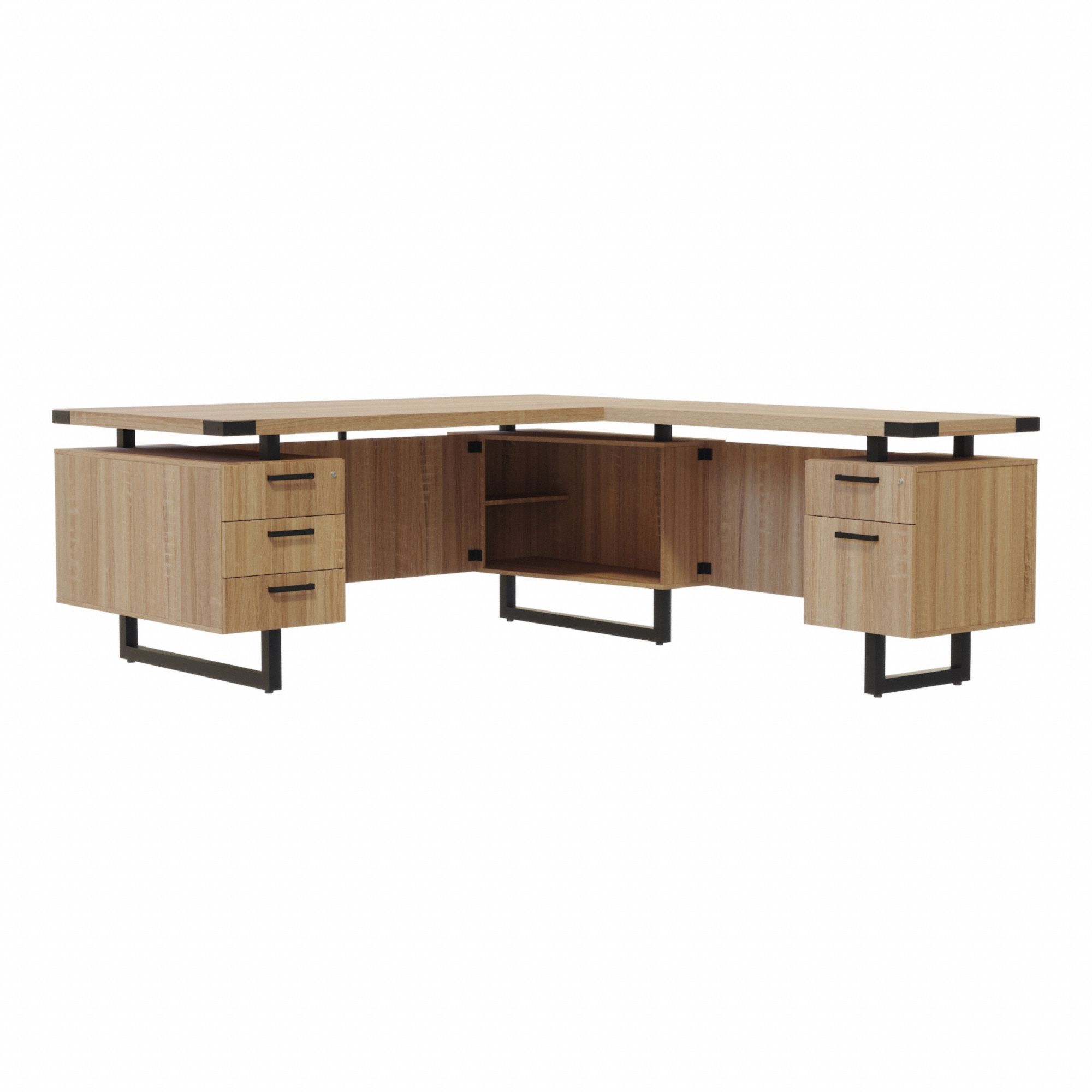 L-Shaped Office Desk: Black, 72 in Overall Wd, 78 in Overall Dp, Sand Dune