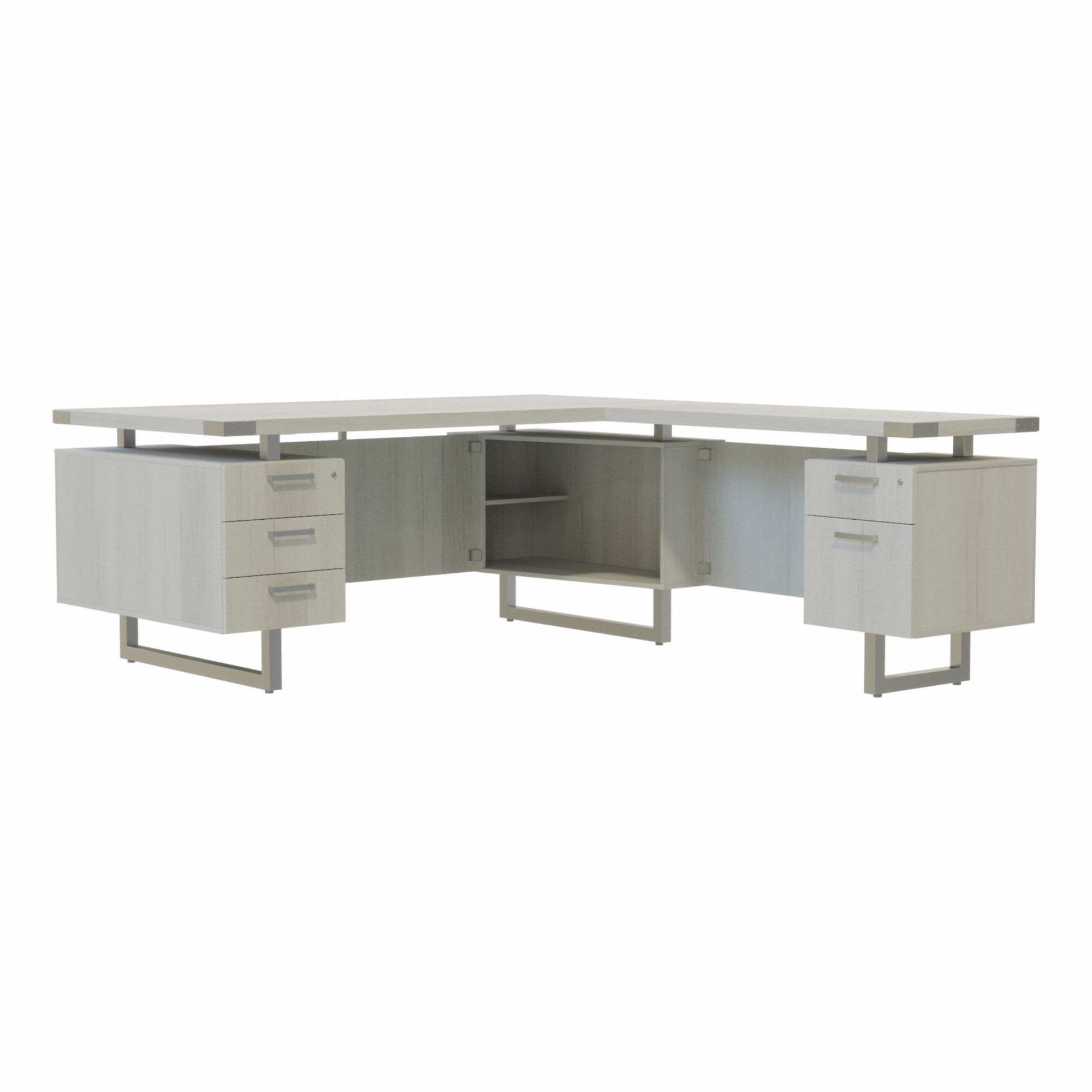 L-Shaped Office Desk: Silver, 72 in Overall Wd, 78 in Overall Dp, White Ash