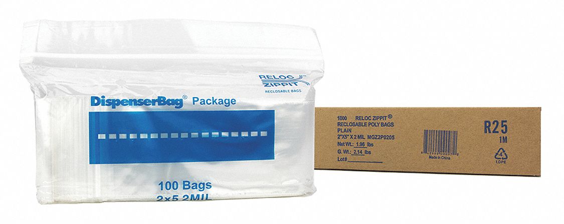 Reclosable Bag,  5 in L,  2 in W,  PK1000