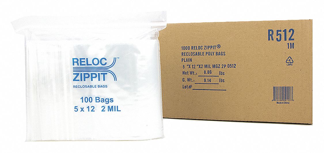 Reclosable Bag: 2 mil Thick, 5 in Wd, 12 in Lg, Hang Hole Not Included, Box, 1, 000 PK