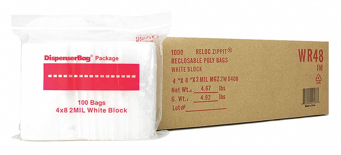 Reclosable Bag: 2 mil Thick, 4 in Wd, 8 in Lg, Hang Hole Not Included, Box, 1, 000 PK