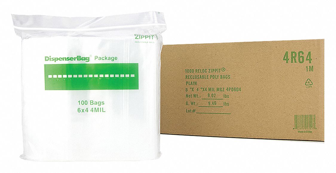 Reclosable Bag: 4 mil Thick, 4 in Wd, 4 in Lg, Hang Hole Not Included, Box, 1, 000 PK