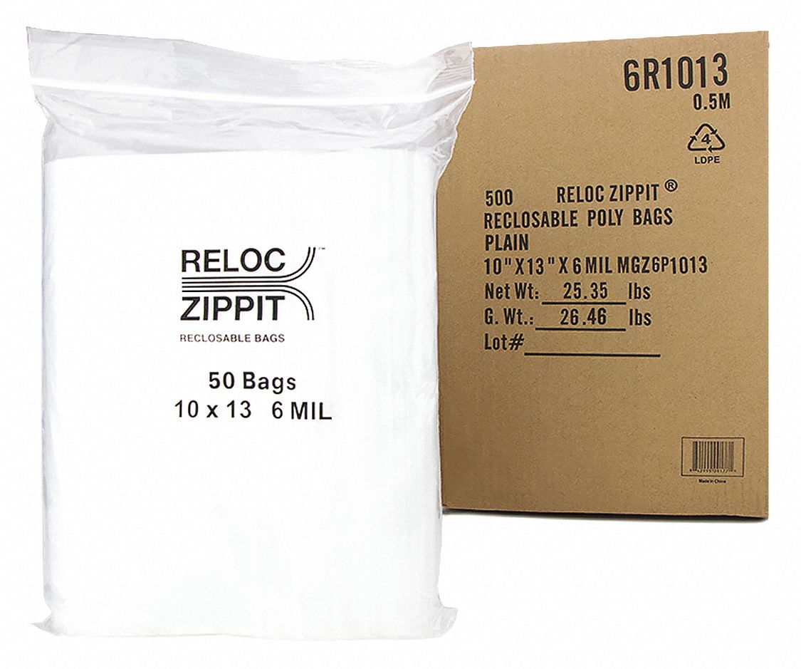 Reclosable Bag: 6 mil Thick, 10 in Wd, 13 in Lg, Hang Hole Not Included, Box, 500 PK