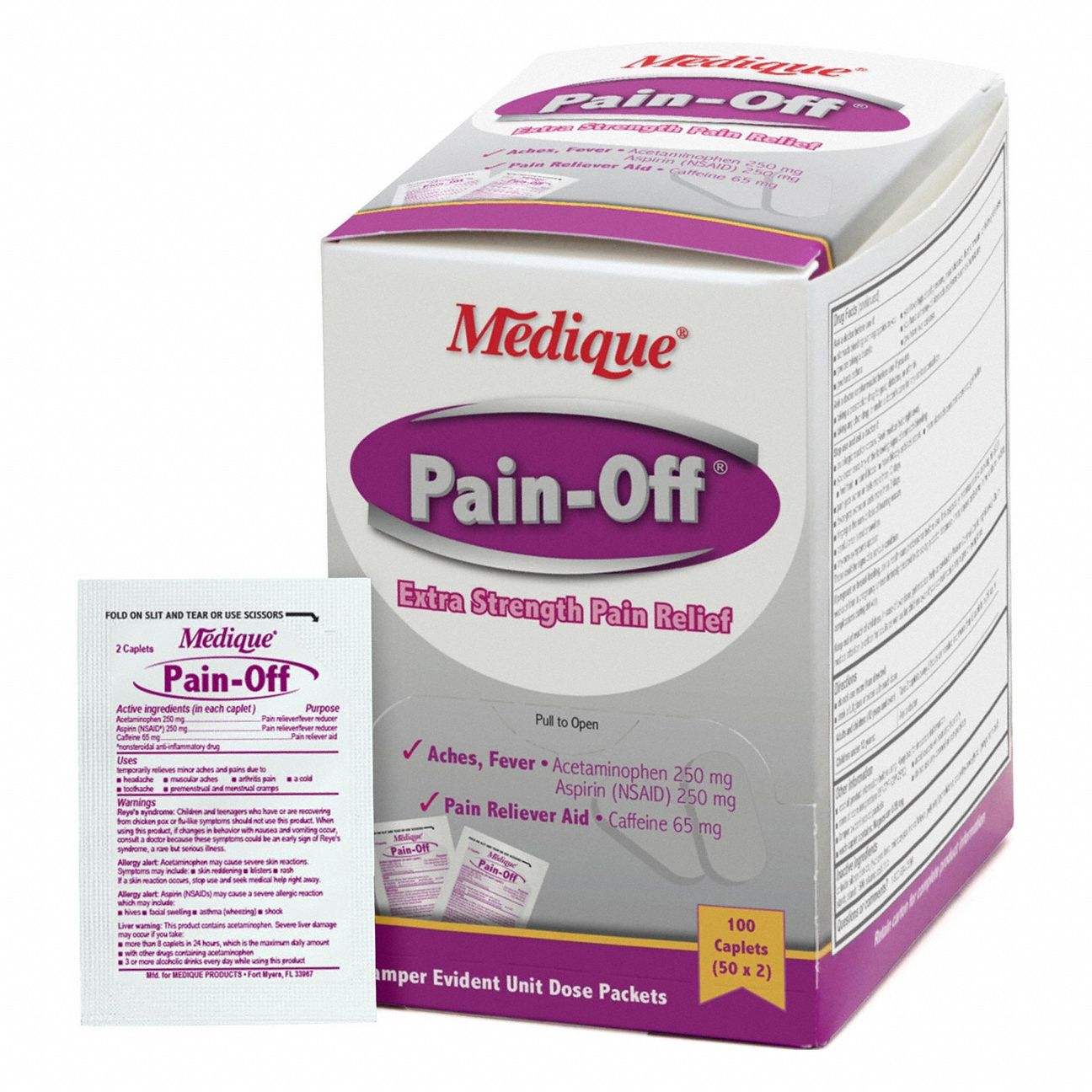 Pain Relief: Acetaminophen/Aspirin/Caffeine, 50 Individual Doses, Tablet