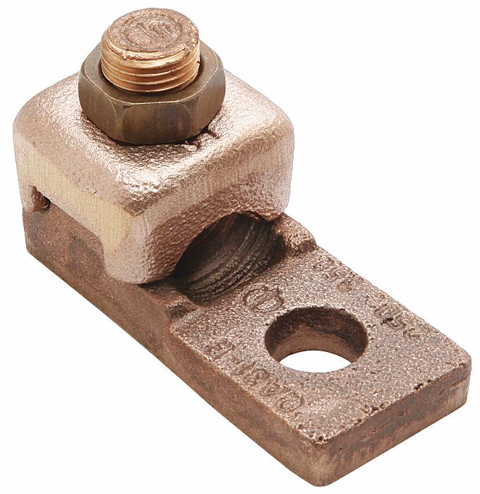 Wire Connector: 4 AWG – 1 AWG Wire Sizes, 1/4 in Stud Size, Unplated Copper Lug Body