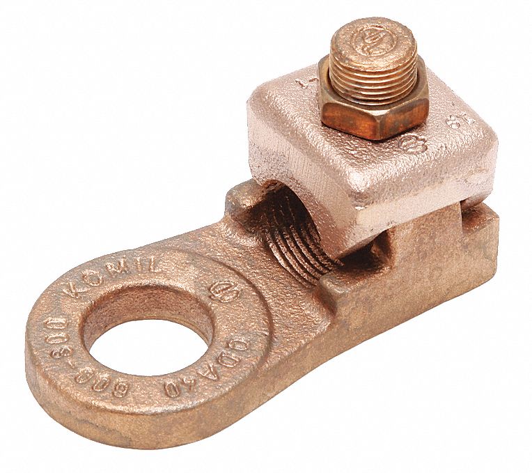 Wire Connector: 4 AWG – 1 AWG Wire Sizes, 3/8 in Stud Size, Unplated Copper Lug Body
