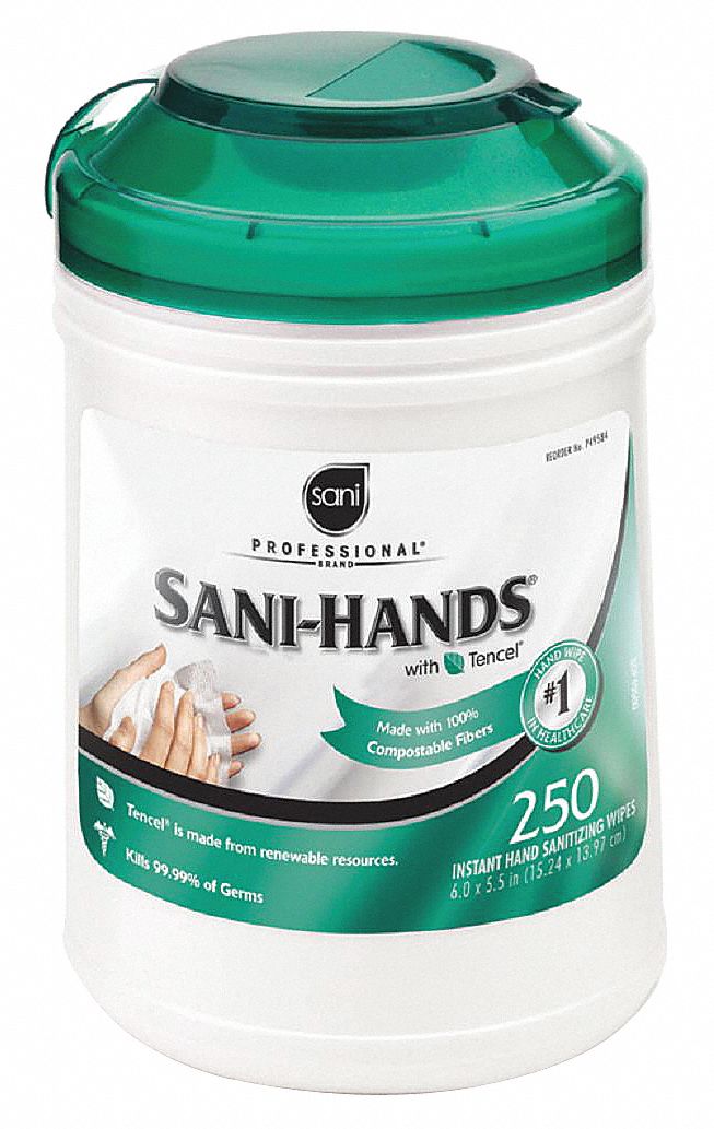 Hand Sanitizer Wipes, Canister, 6 x 5 1/2 in Sheet Size, Unscented