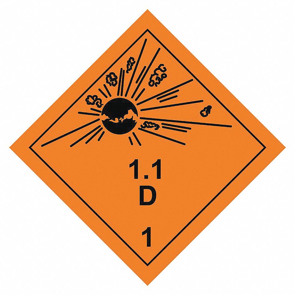 LABELS, CLASS 1 DIVISION 1D, ORANGE AND BLACK, 4 X 4 IN, ADHESIVE COATED PAPER, 500/RL