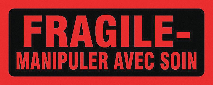 FRENCH LABELS, FRAGILE-MANIPUL, RED AND BLACK, 5 X 2 IN, ADHESIVE COATED PAPER, 500/RL