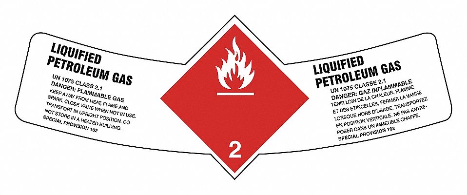 LABELS, LIQUEFIED PETROLEUM, RED, WHITE AND BLACK, 5.875 X 2.5 IN, ADHESIVE COATED PAPER, 500/RL